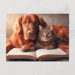Cat and dog reading a book postcard