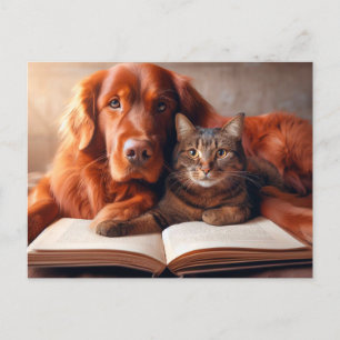 Cat and dog reading a book postcard