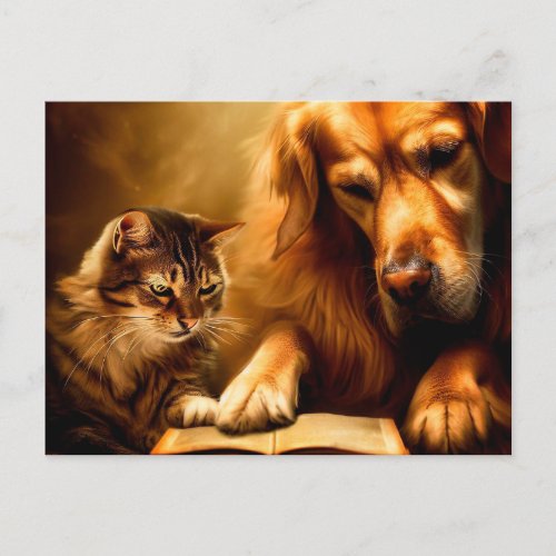 Cat and dog reading a book postcard