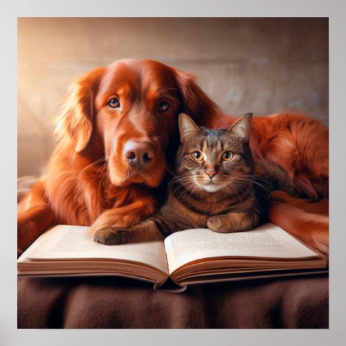 Cat and dog reading a book poster