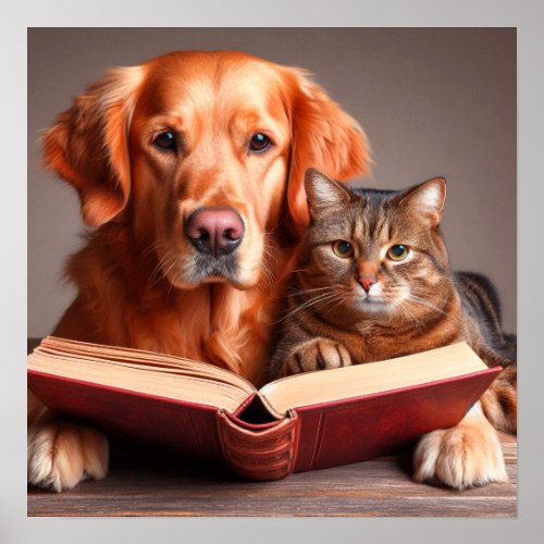 Cat and dog reading a book poster