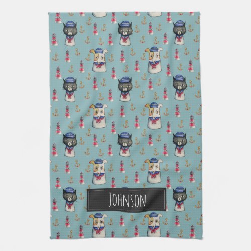 Cat and Dog Sailor Pattern  Add Your Name Towel
