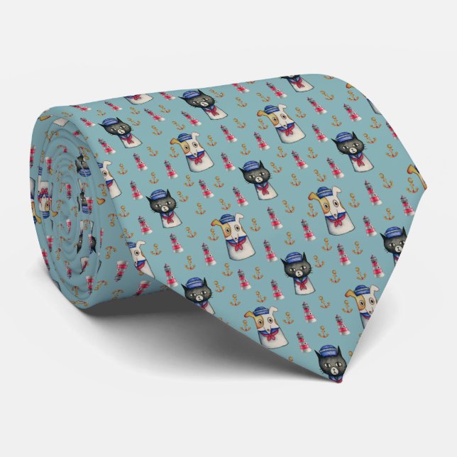 Cat and Dog Sailors Nautical Watercolor Pattern Neck Tie (Rolled)