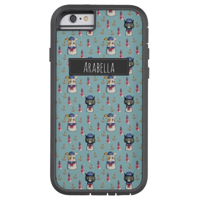 Cat and Dog Sailors Watercolor Pattern with Name iPhone Case