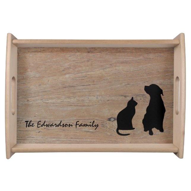 Cat and dog silhouettes monogram name serving tray (Front)