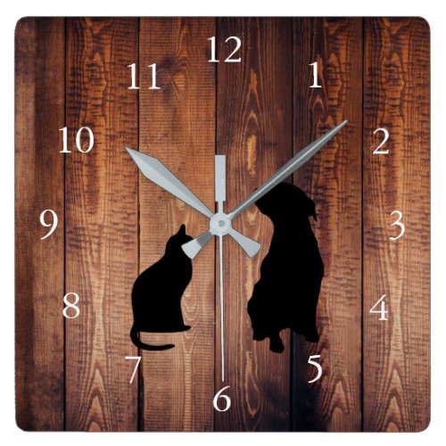 Cat and dog  silhouettes pets rustic wood square wall clock