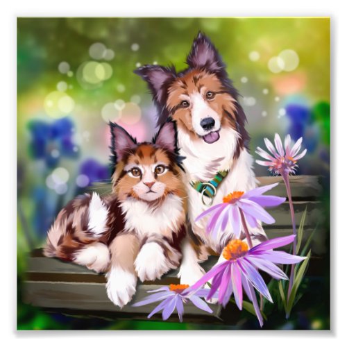 Cat and dog sitting on a bench photo print