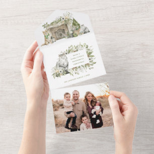 Cat and Dog Winter Fireplace Photo Christmas Card