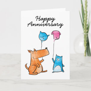 Cat and Dog with Balloons Anniversary Card