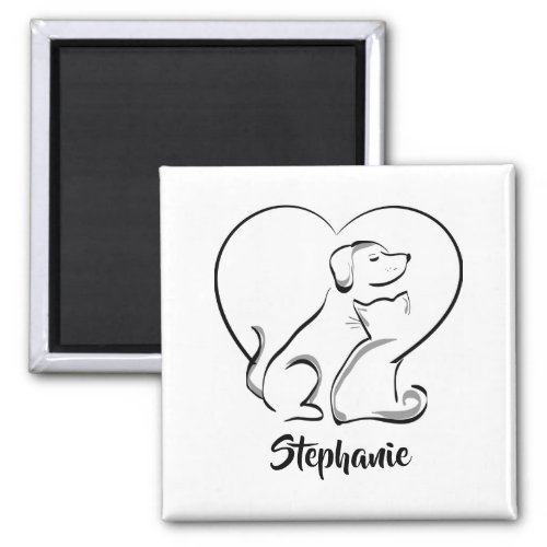 Cat and Dog With Personalized Name Magnet