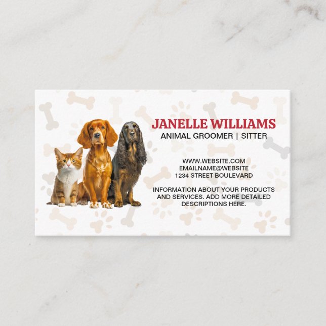 Cat and Dogs Sitting | Paw and Bones Pattern Business Card (Front)