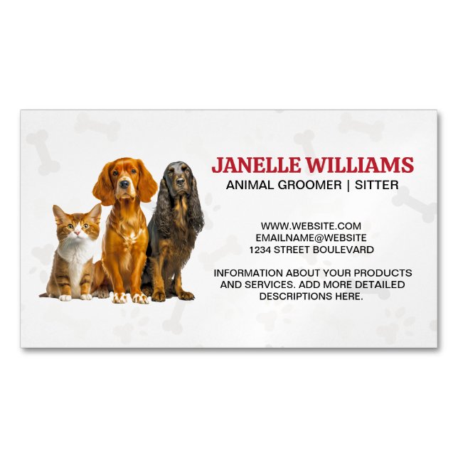 Cat and Dogs Sitting | Paw and Bones Pattern Business Card Magnet (Front)