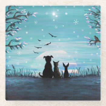 Cat And Dogs Winter Sunset Glass Coaster by ironydesignphotos at Zazzle