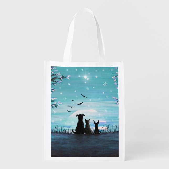 Cat and dogs Winter Sunset Grocery Bag (Front)