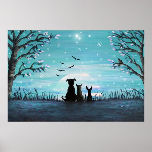 Cat and dogs Winter Sunset Poster