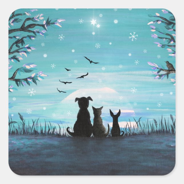 Cat and dogs Winter Sunset Square Sticker (Front)