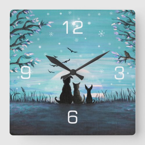 Cat and dogs Winter Sunset Square Wall Clock