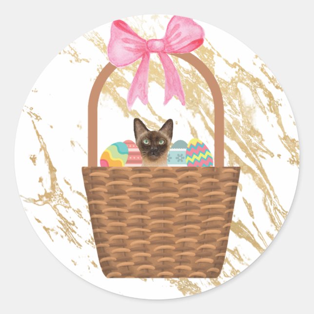 Cat and Easter Eggs in an Easter Basket Classic Round Sticker (Front)
