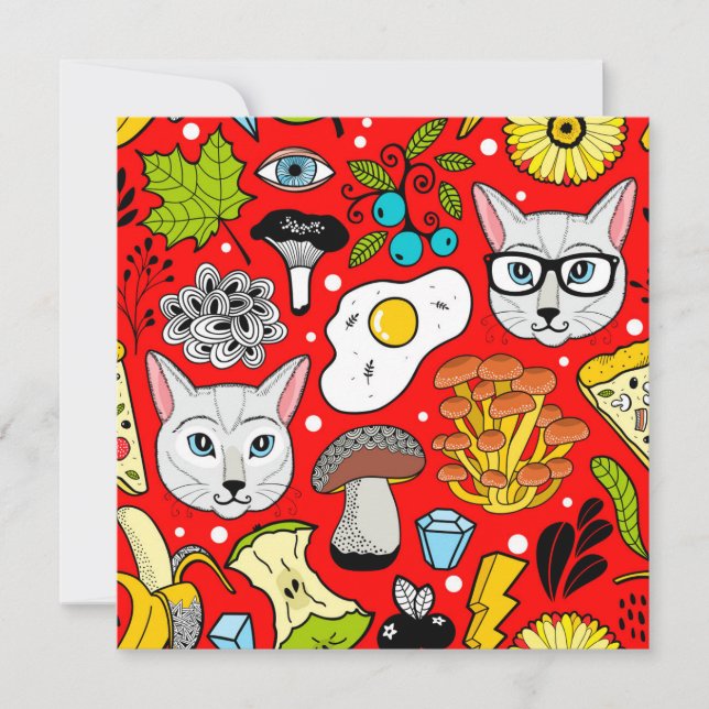 Cat and egg on red announcement (Front)