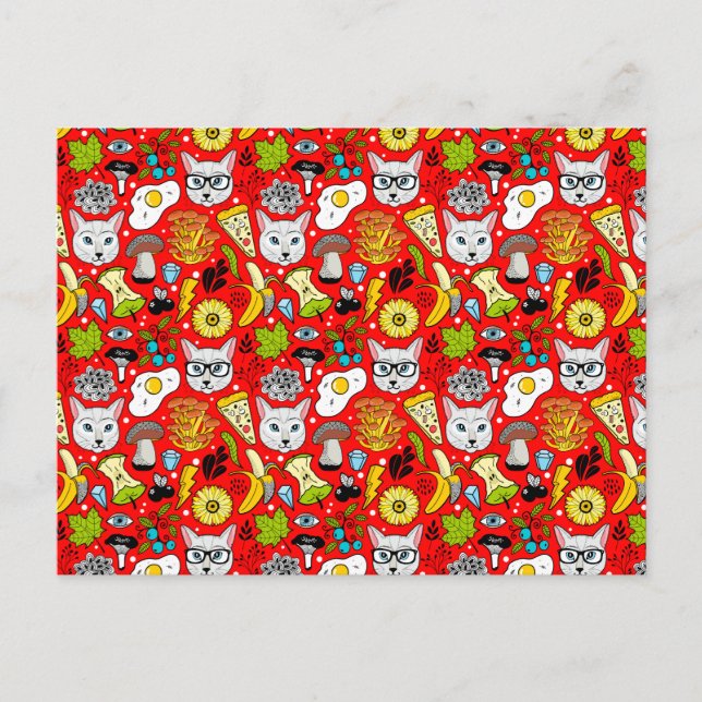 Cat and egg on red announcement postcard (Front)