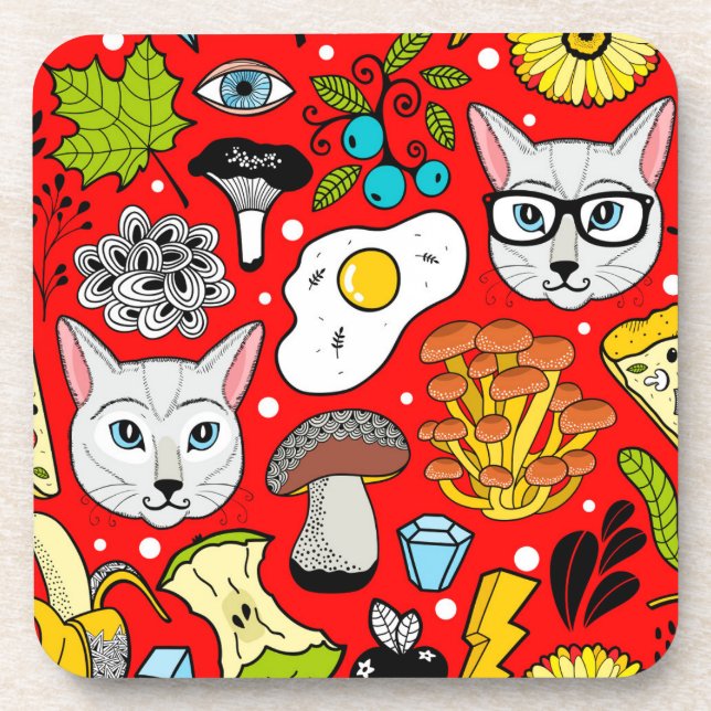 Cat and egg on red beverage coaster (Front)
