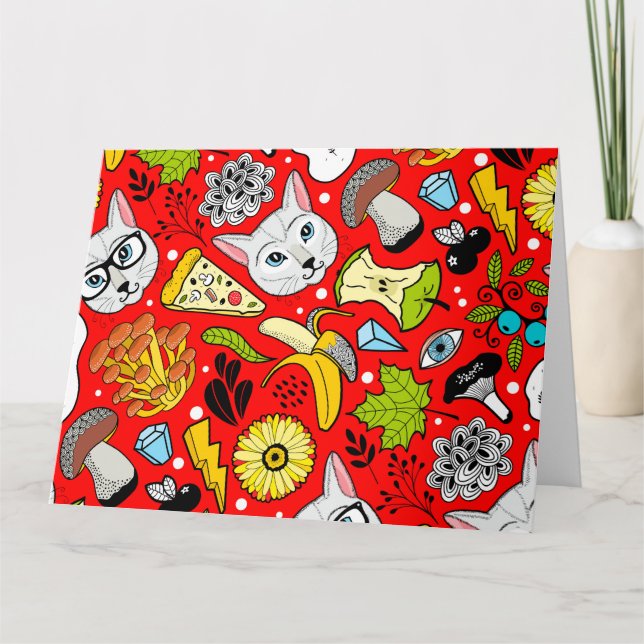 Cat and egg on red card (Front)