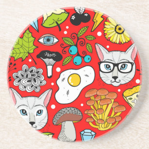 Cat and egg on red coaster