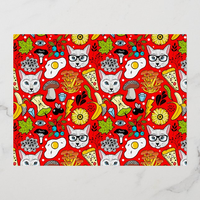 Cat and egg on red foil holiday postcard (Front)