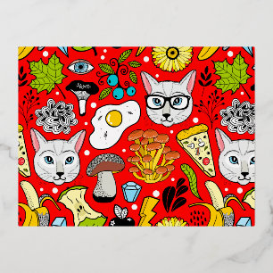 Cat and egg on red foil invitation postcard