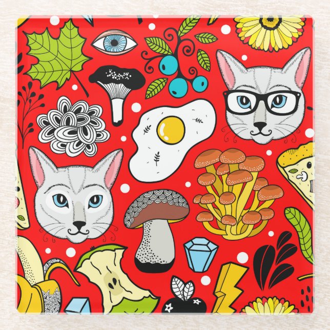 Cat and egg on red glass coaster (Front)