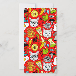 Cat and egg on red holiday card