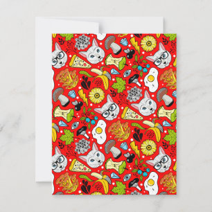 Cat and egg on red holiday card