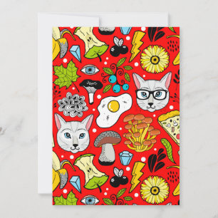 Cat and egg on red holiday card