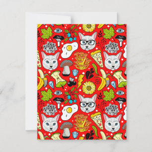 Cat and egg on red holiday card