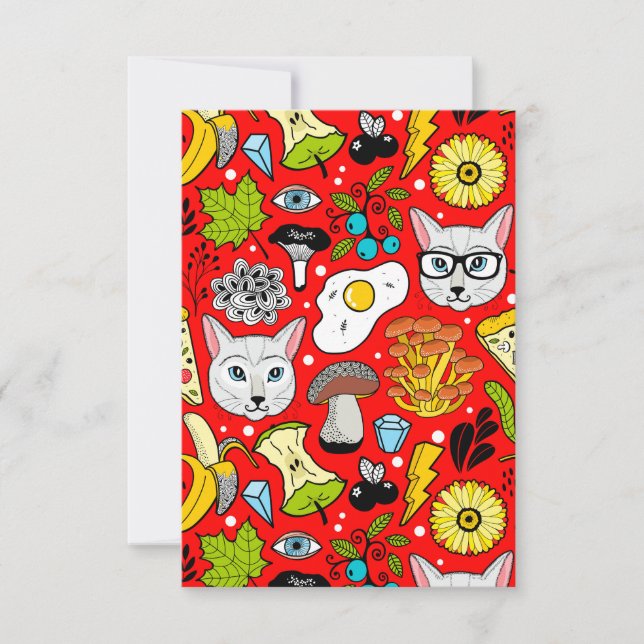 Cat and egg on red invitation (Front)