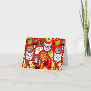 Cat and egg on red letterpress thank you card