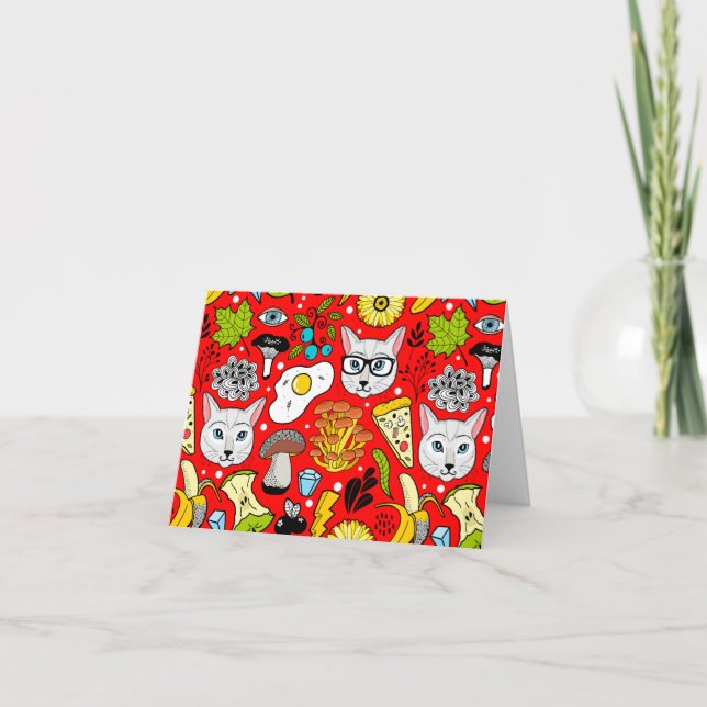 Cat and egg on red note card (Front)