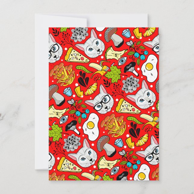 Cat and egg on red note card (Front)