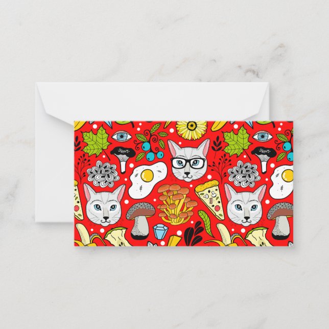Cat and egg on red note card (Front)