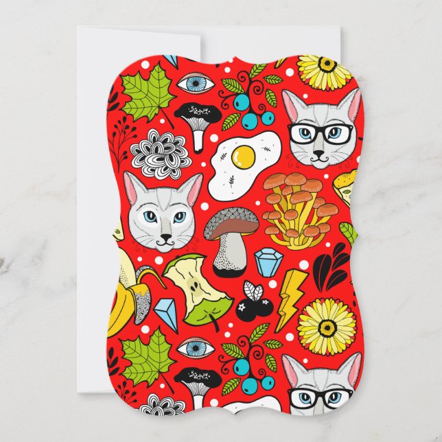 Cat and egg on red note card (Front)