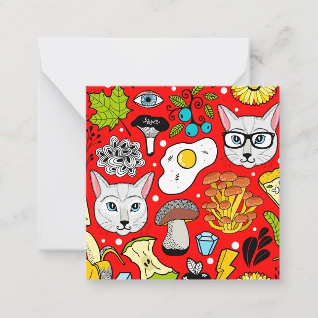 Cat and egg on red note card (Front)