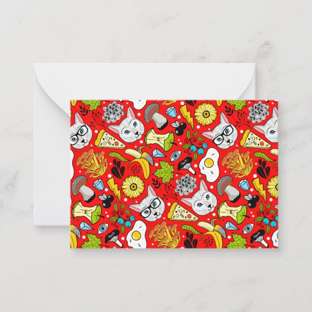 Cat and egg on red note card (Front)