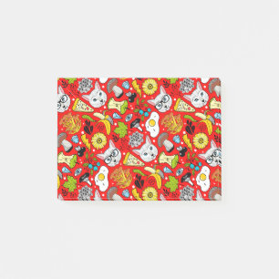 Cat and egg on red post-it notes