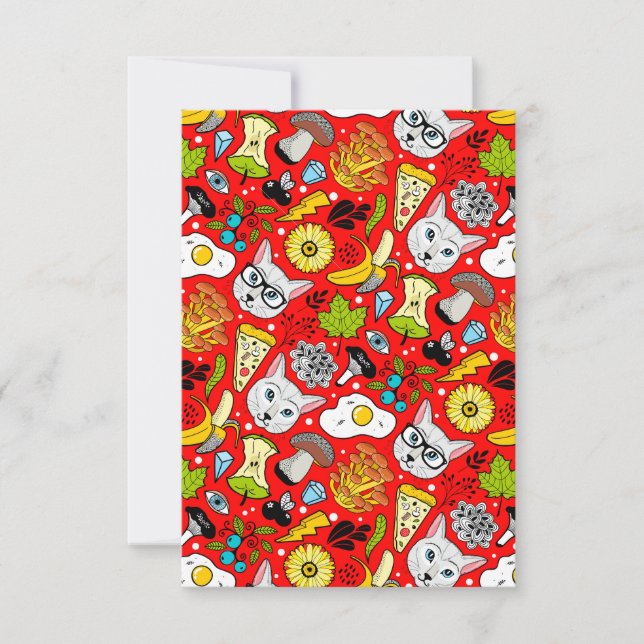 Cat and egg on red RSVP card (Front)