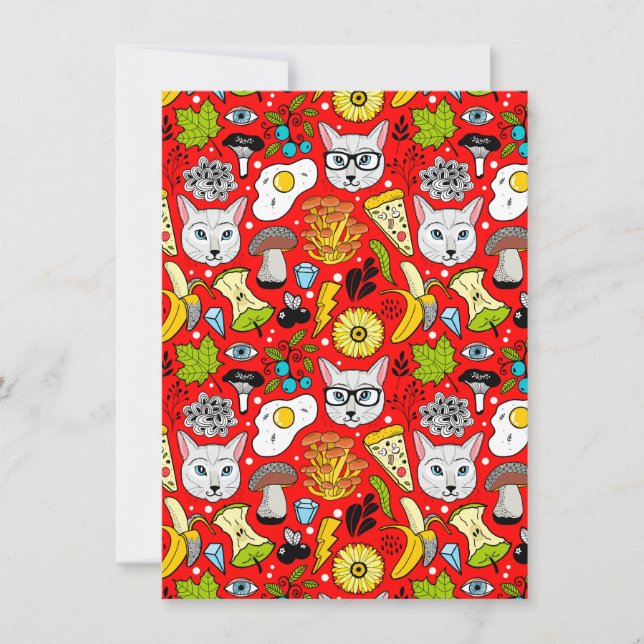 Cat and egg on red save the date (Front)