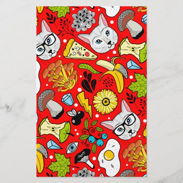 Cat and egg on red stationery (Front)