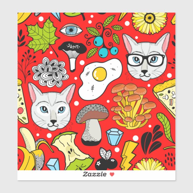 Cat and egg on red sticker (Sheet)