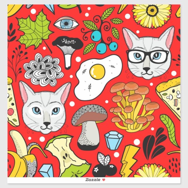 Cat and egg on red sticker (Sheet)