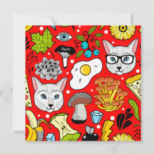 Cat and egg on red thank you card