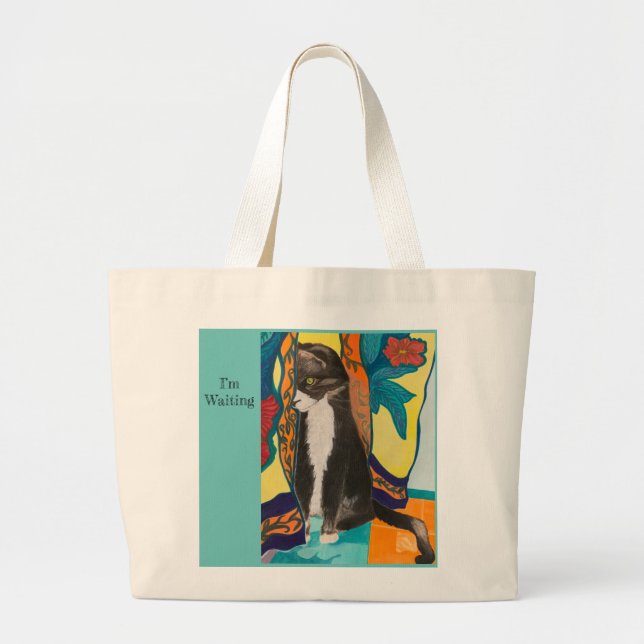 Cat and Embroidered Curtains Large Tote Bag (Front)